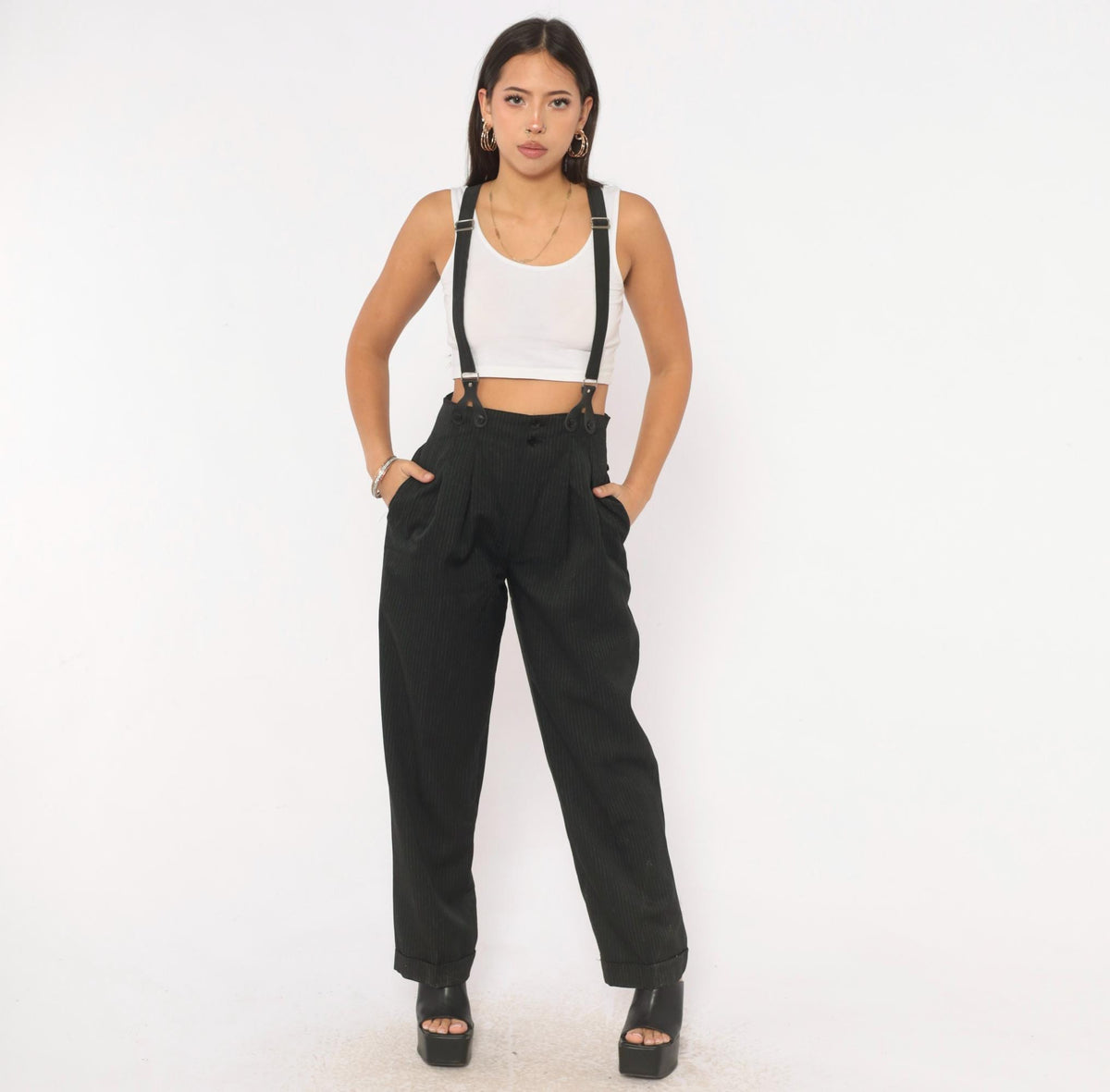 80s 7th Alternative Pinstripe Trousers Black High Waist Pleated Tapered Small S