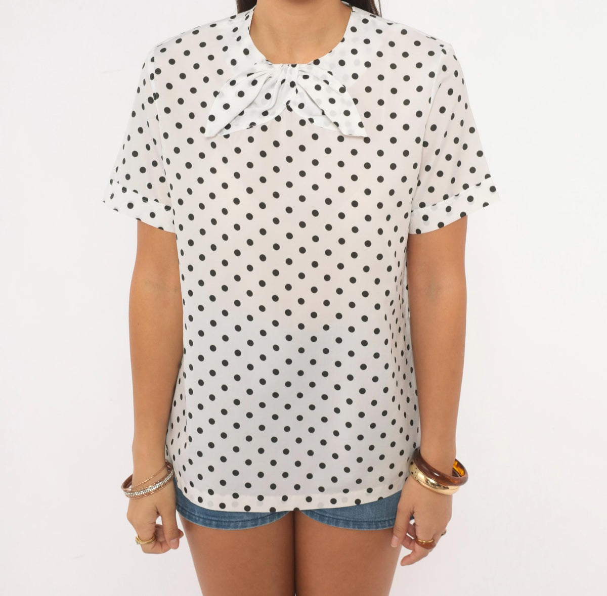 70s Sears Polka Dot Blouse White Black Bow Tie Collar Keyhole Back Medium