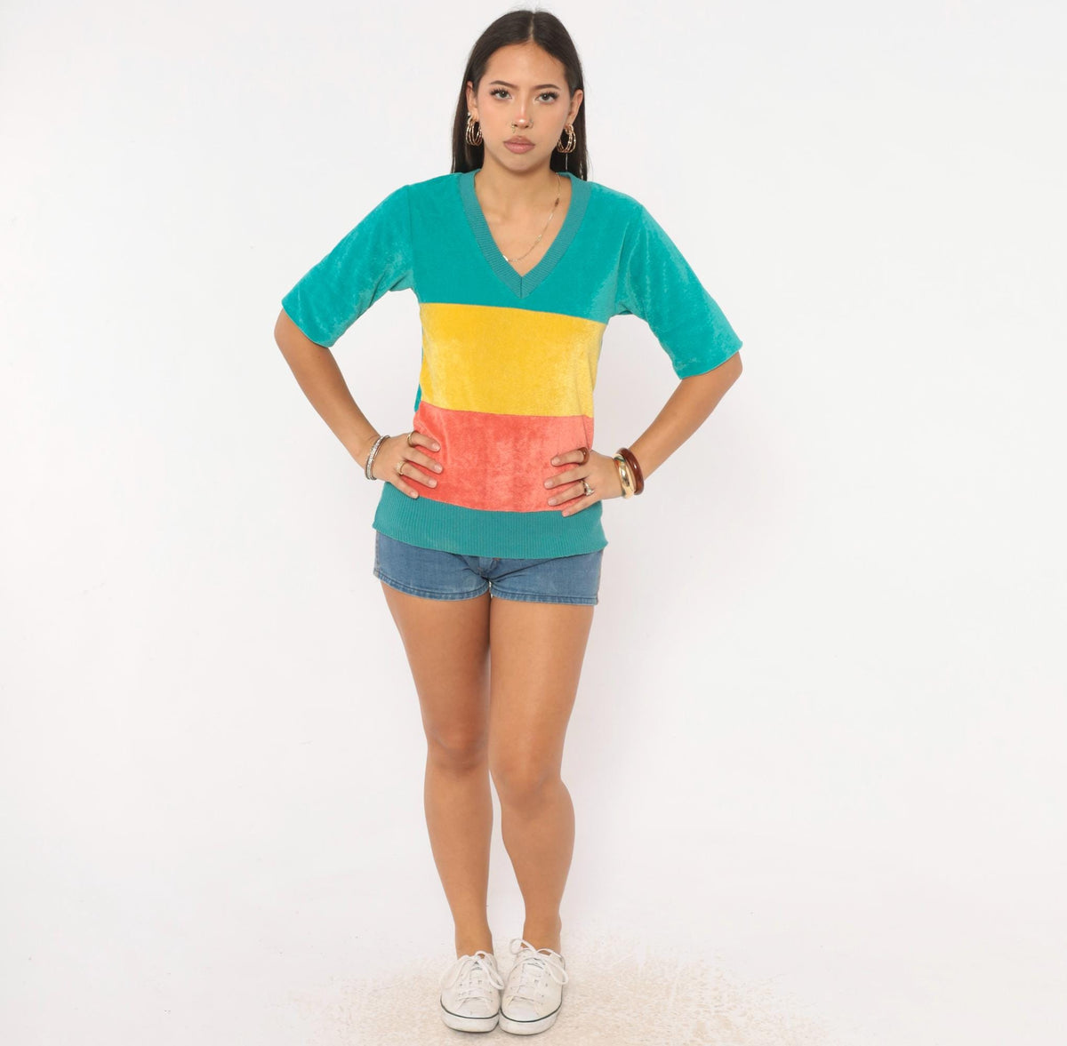 80s Velour Color Block V-Neck Pullover Teal Yellow Coral Medium