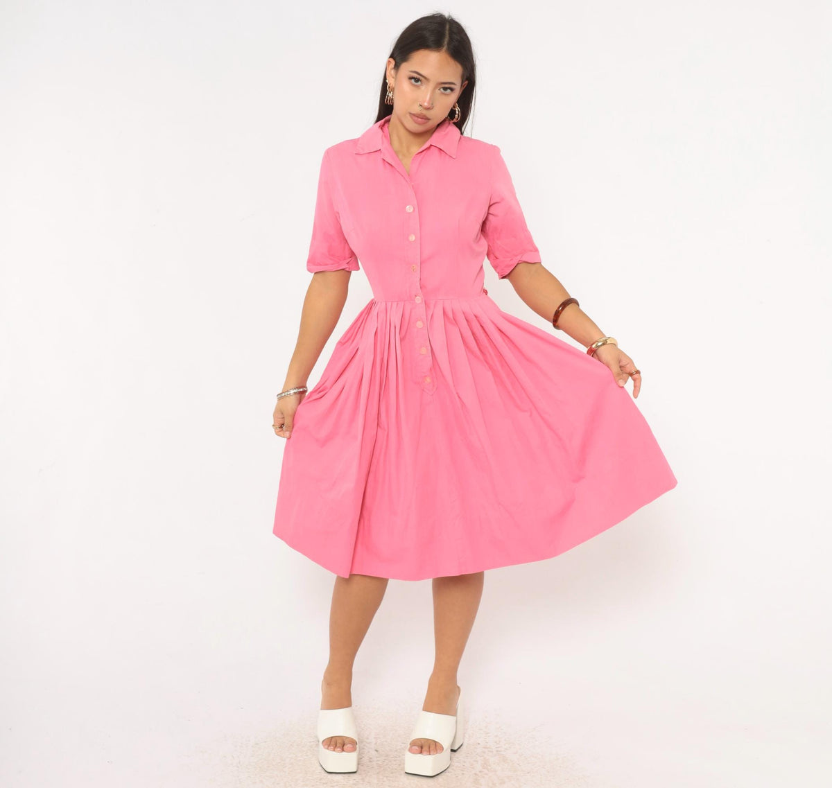 60s Pink Cotton Shirtdress Knife Pleated Knee-Length Button Front Small