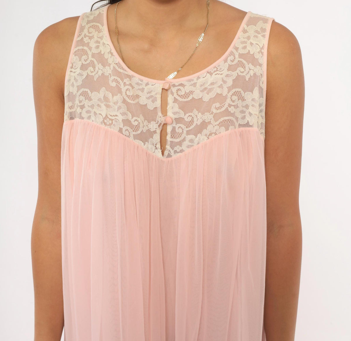 80s Blush Pink Maxi Nightgown Ivory Lace Yoke Scoop Neck Medium