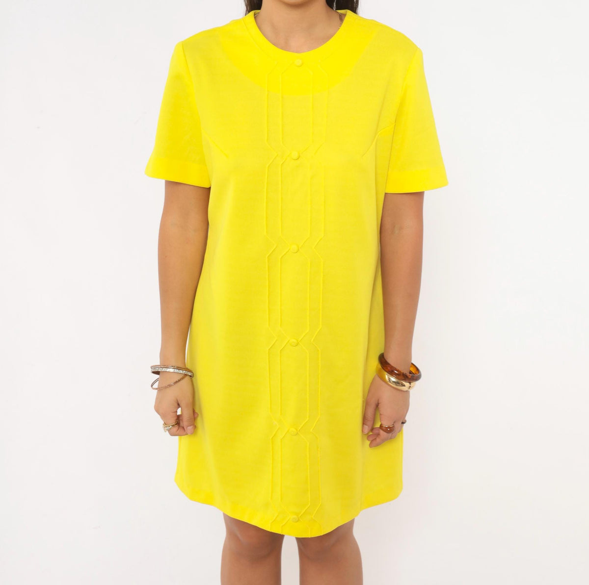 60s Nelly Don Yellow Shift Dress Mod Geometric Topstitch A-Line Large L