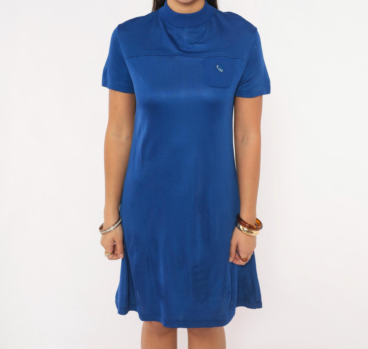 70s Robbie Rivers Bee Embroidered Shift Dress Mock Neck Royal Blue Small