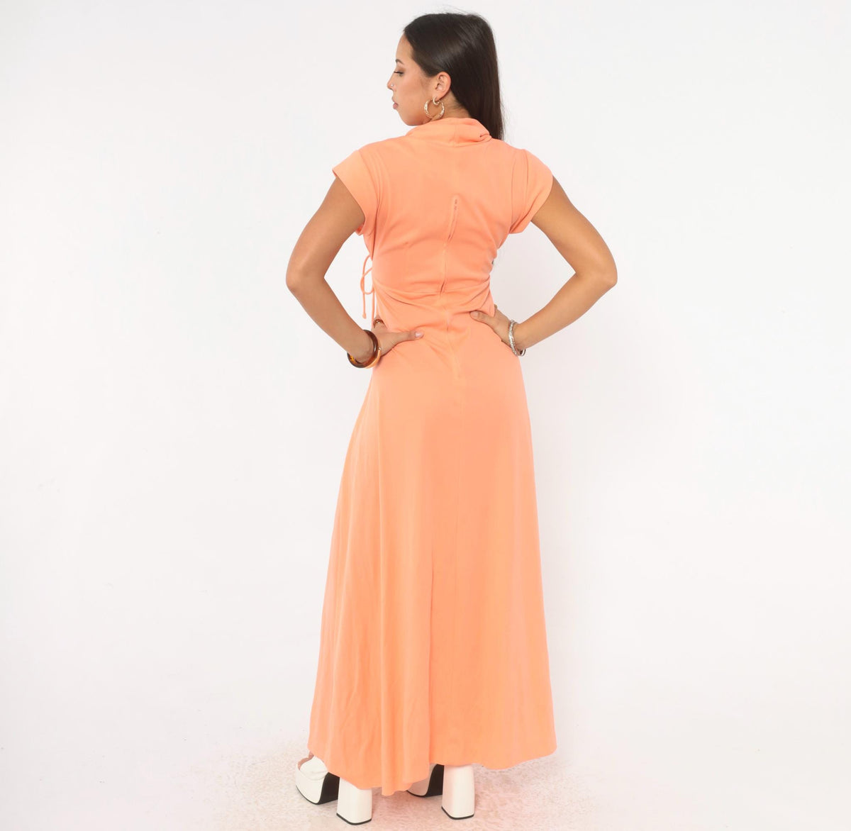 70s Peach Maxi Dress Cowl Neck Cap Sleeve Empire Waist A-Line Medium
