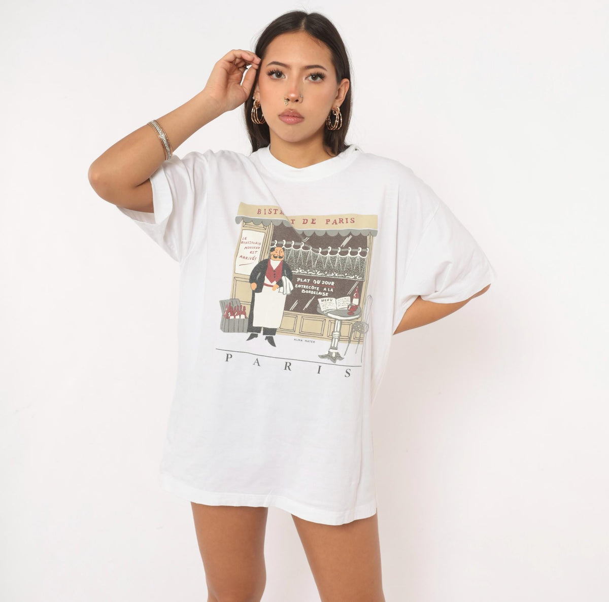Y2K Alma Mater Paris Bistro Graphic Tee White Cotton Crew Neck Large L