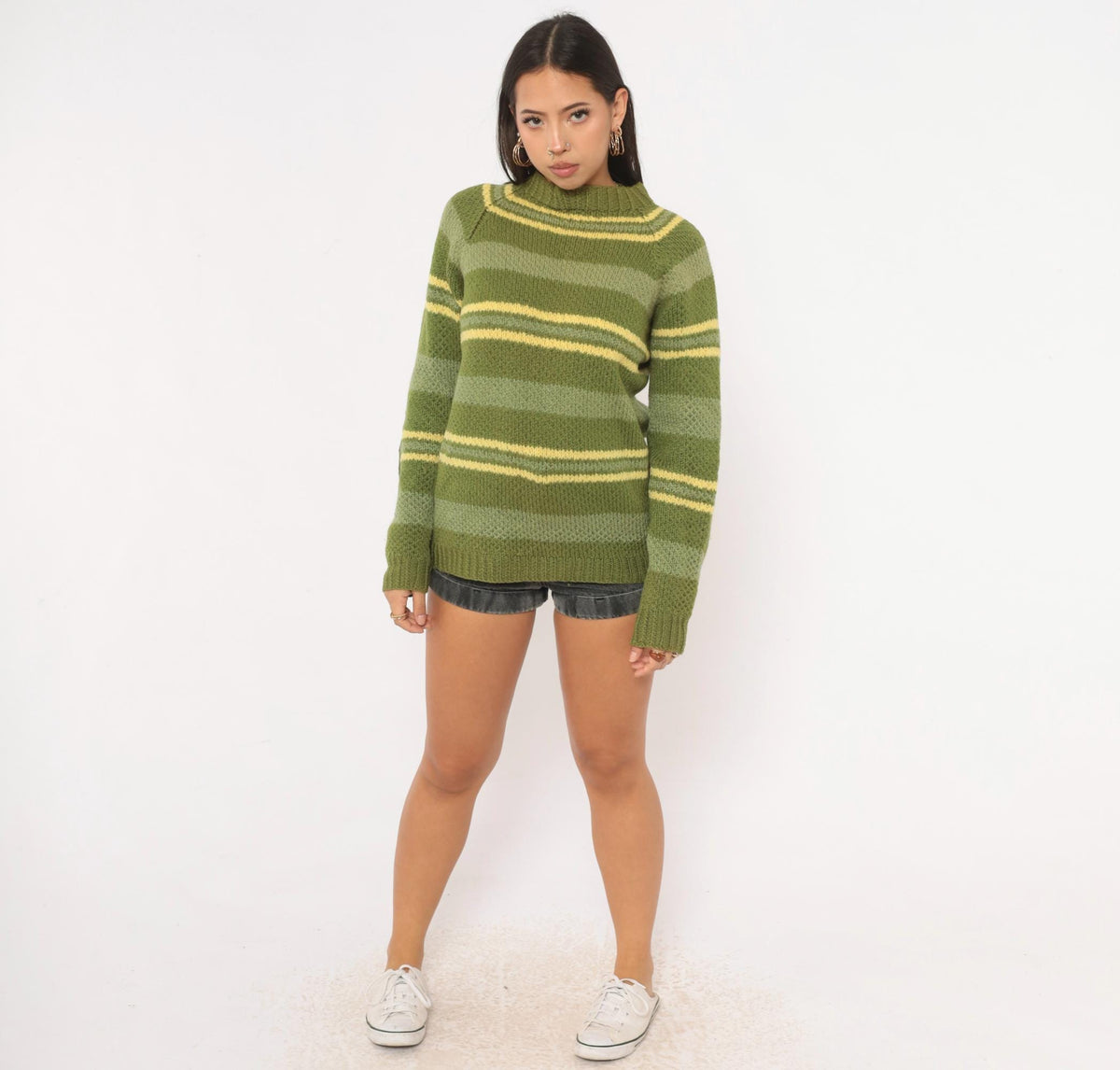 90s Olive Striped Wool Hand Knit Sweater Raglan Brown Elbow Patches Medium