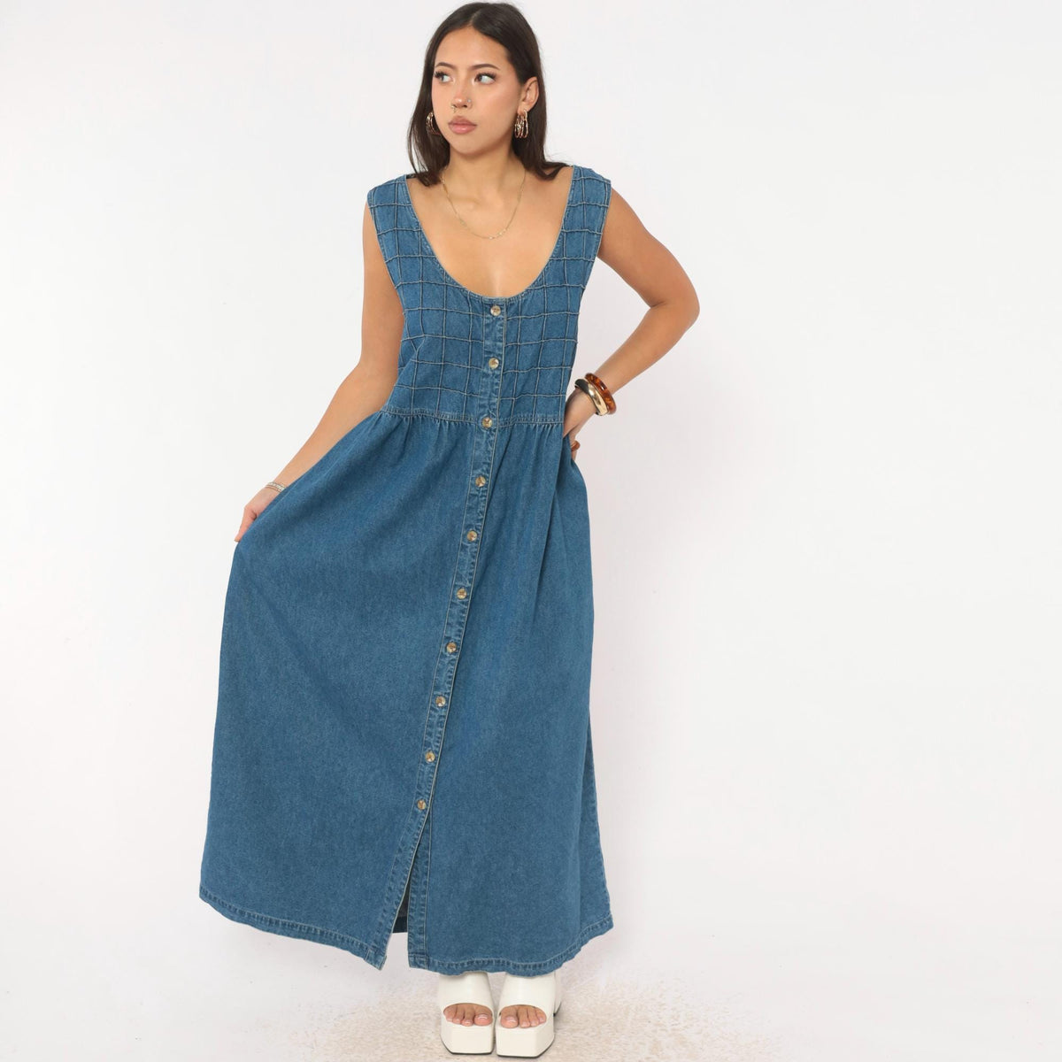 90s TY Original Wear Denim Jumper Dress Navy Cotton Quilted Bodice Plus Size 2X