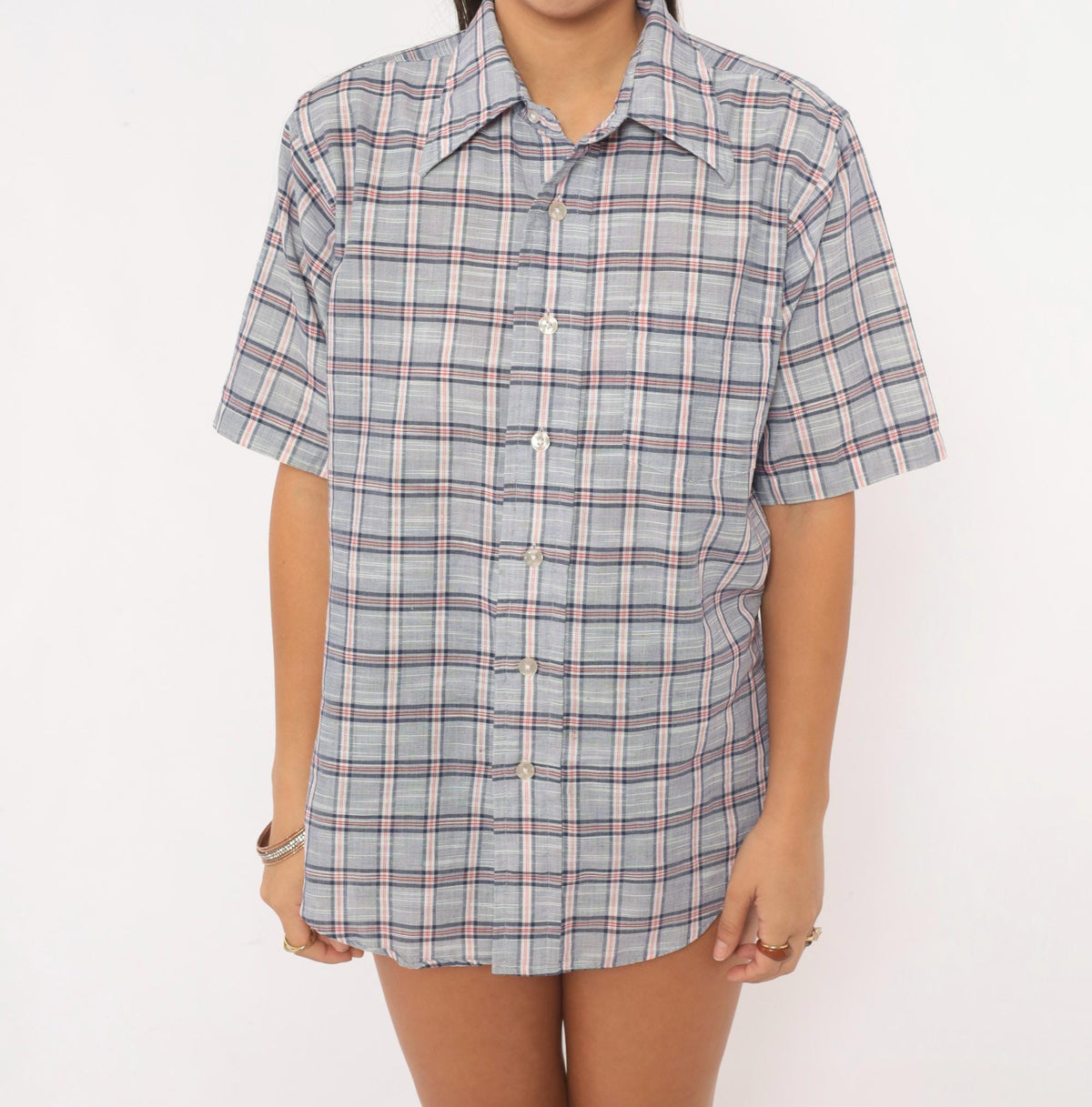 80s Durable Press Plaid Button-Up Shirt Blue Red Check Short Sleeve Medium