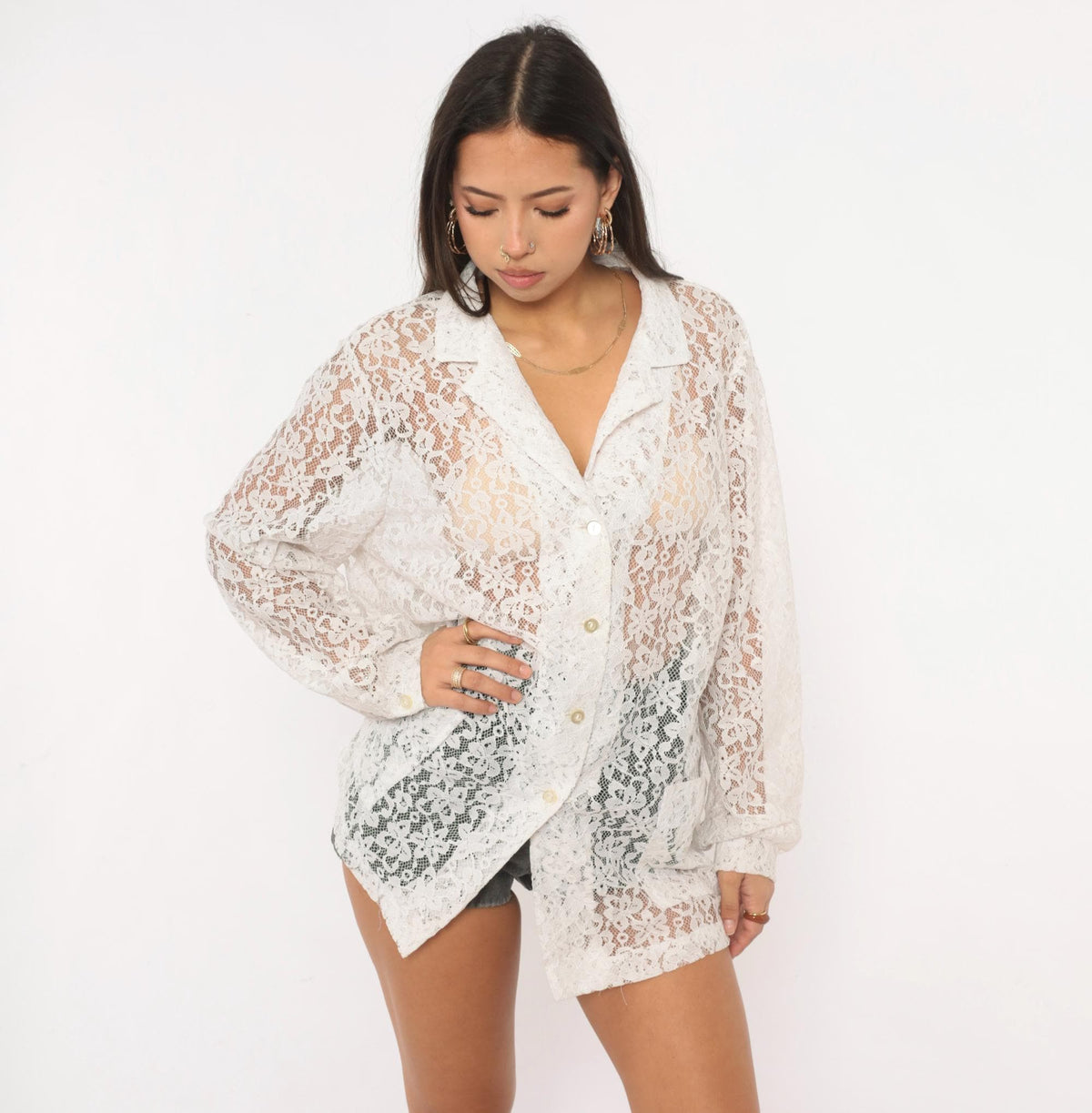 90s White Lace Blouse Sheer Floral Button Front Long Sleeve Patch Pocket Large