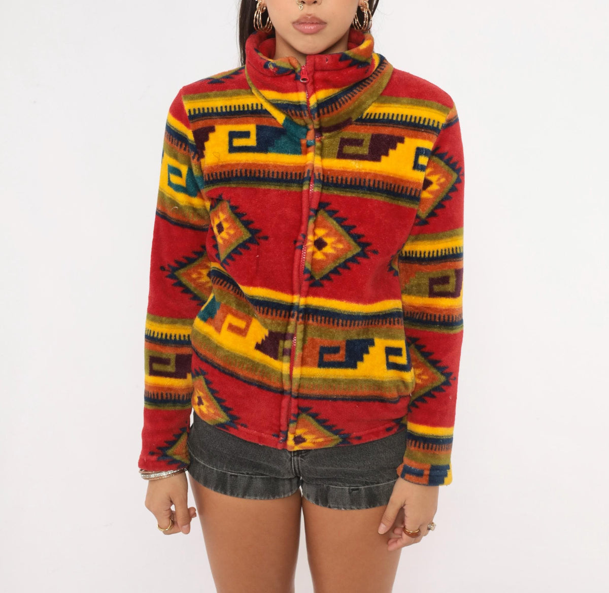 90s Trail Crest Southwestern Aztec Zip Jacket Red Mock Neck Extra Small XS