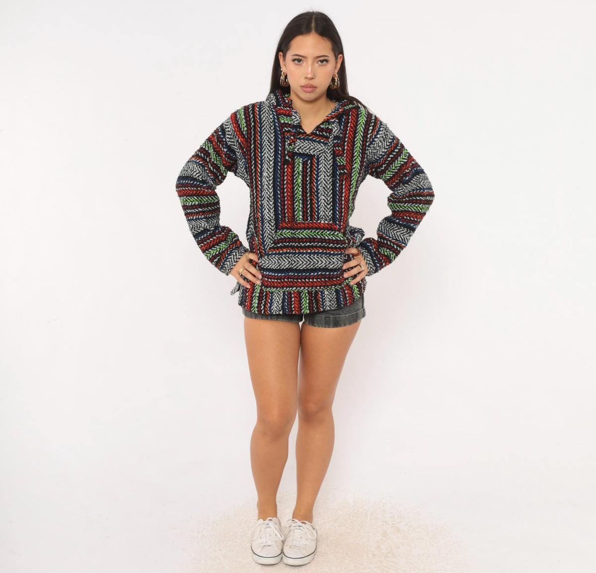 90s Earth Ragz Baja Hoodie Striped Black White Neon Green Small
