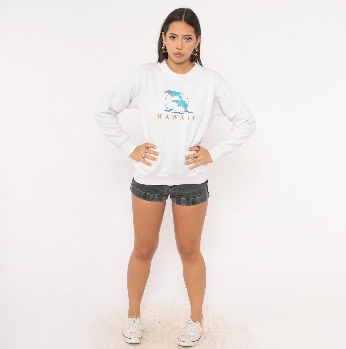 90s Hanes Hawaii Dolphin Embroidered Sweatshirt White Crewneck Small