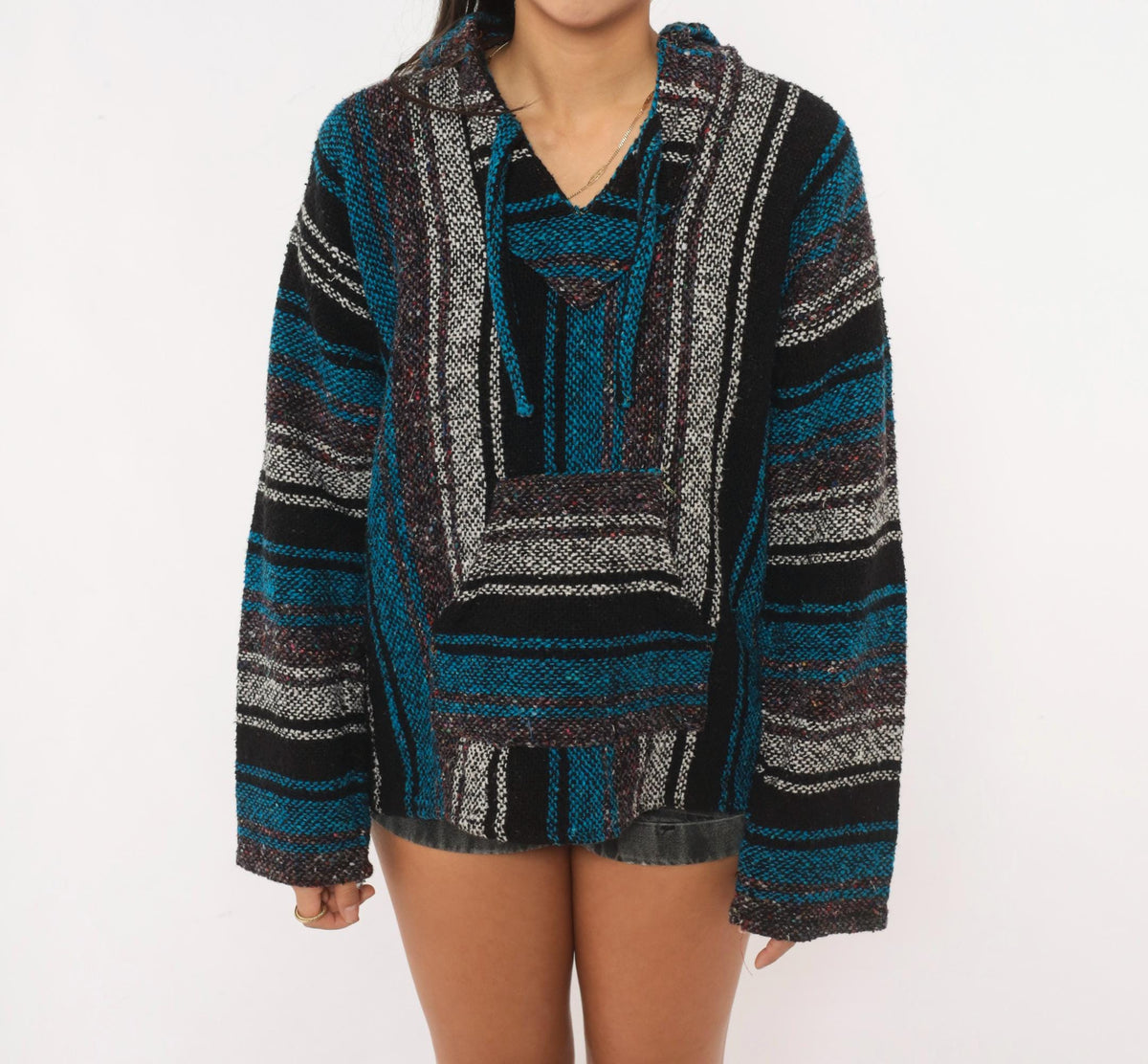 90s Sandy Baja Hoodie Black Teal Striped Woven Pullover Medium