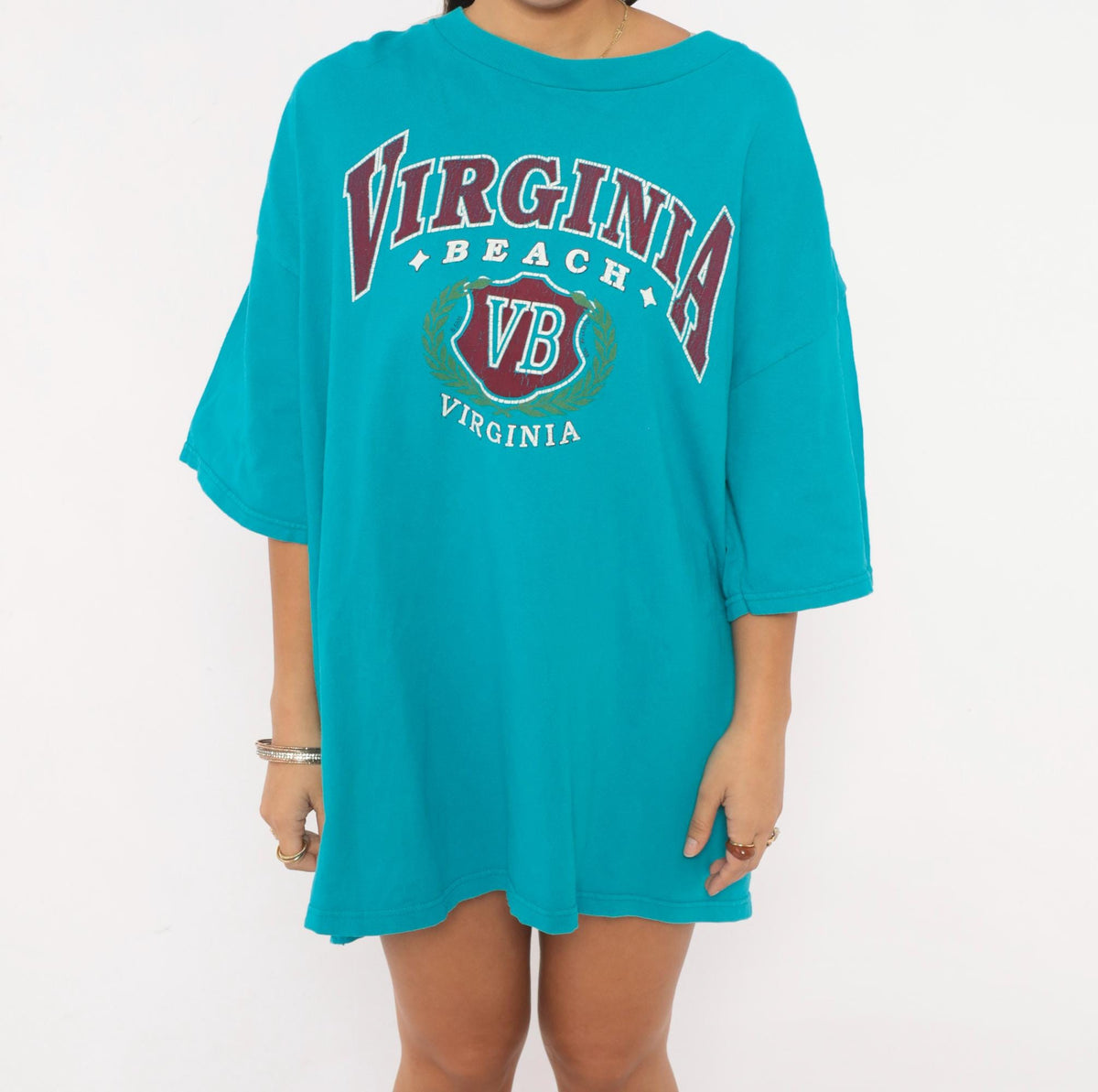 90s Virginia Beach Teal Souvenir Tee Cotton Burgundy Graphic Plus Size XXL