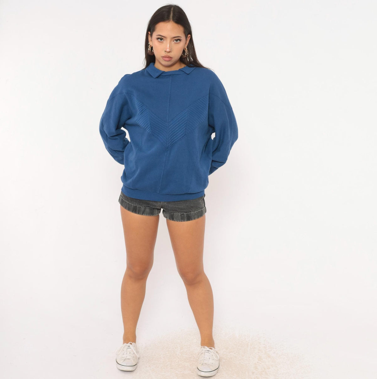 80s Cobalt Sweatshirt Chevron Quilted Panel Collared Cotler Small