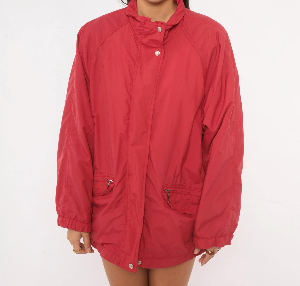 90s Eddie Bauer Red Nylon Windbreaker Jacket Raglan Snap Collar Medium M
