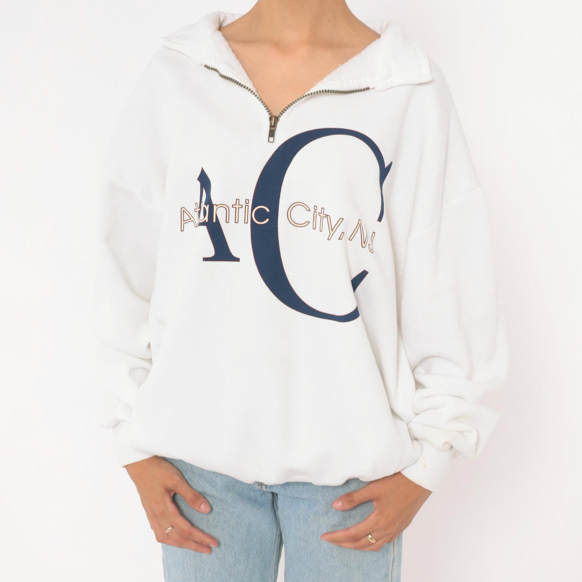 90s Jerzees Atlantic City Quarter Zip Sweatshirt White Navy Graphic Extra Large XL
