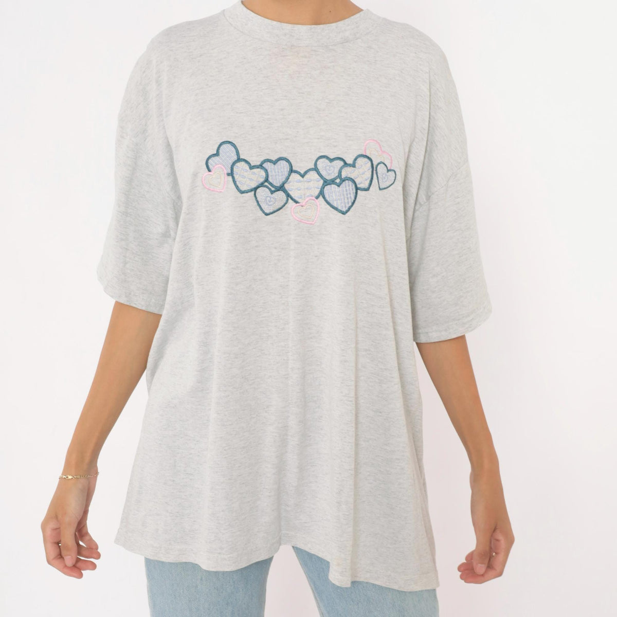 90s Fruit of the Loom Heart Embroidered T-Shirt Grey Cotton Blend Extra Large XL