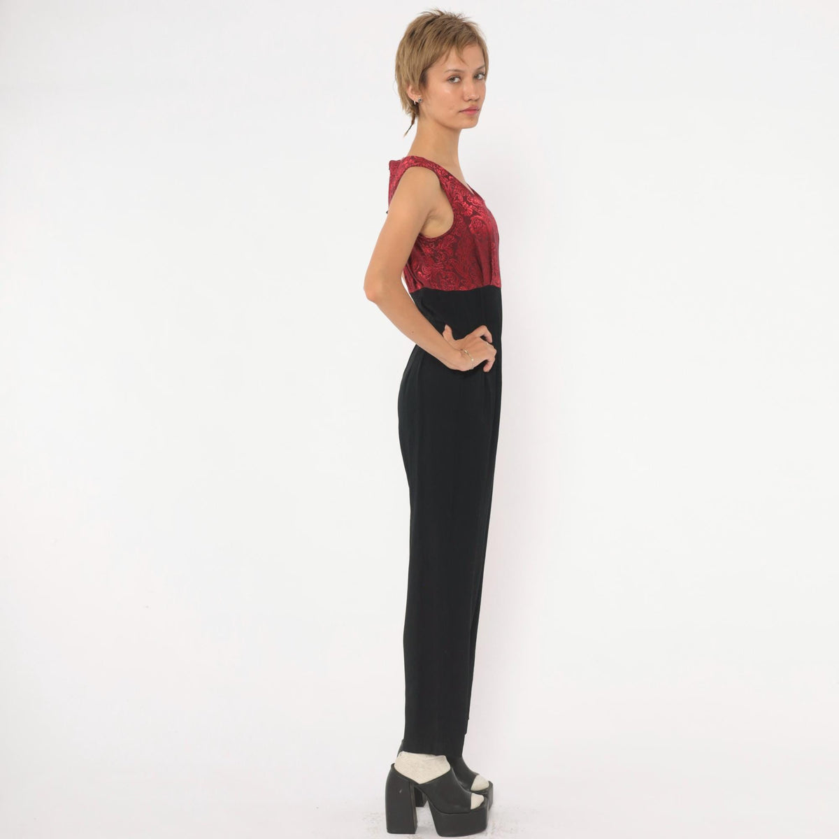 90s Black Jumpsuit Red Brocade Bodice Sleeveless High Waist Small S