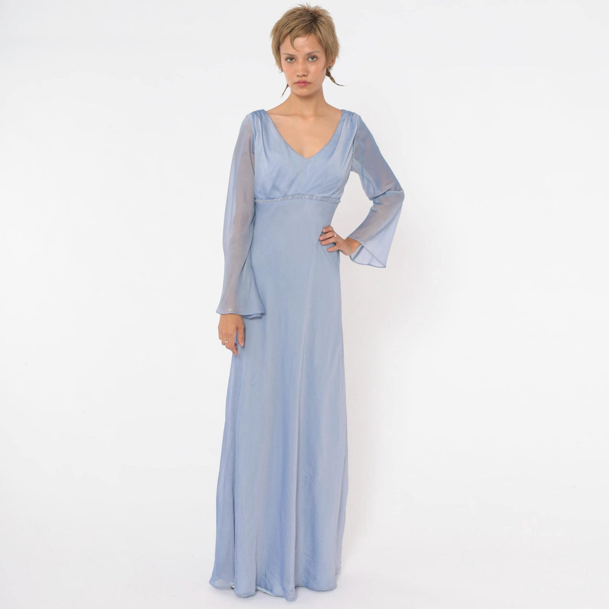 90s Michaelangelo Periwinkle Maxi Dress Empire Waist Beaded V Neck Small