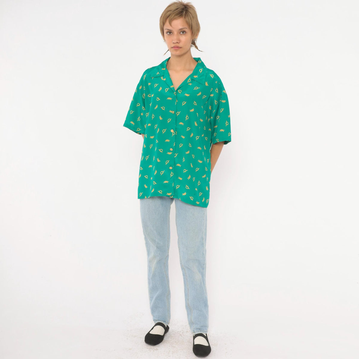 90s Leslie Fay Nautical Knot Print Blouse Teal Camp Collar Large L