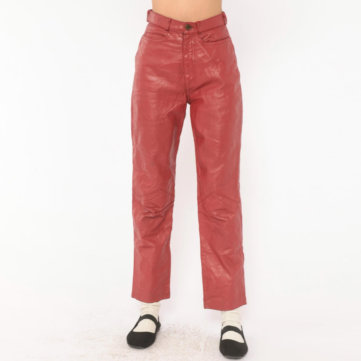 90s Speciale Mode Red Leather Pants High Waist Straight Leg Biker XXS