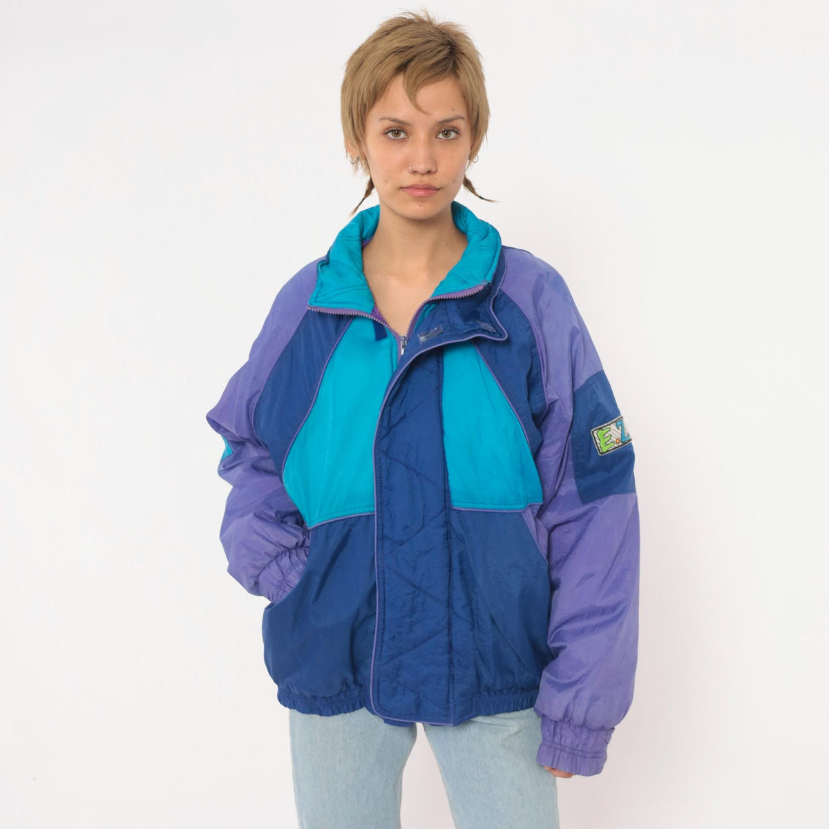 90s EZ Color Block Windbreaker Jacket Blue Purple Teal Quilted Small