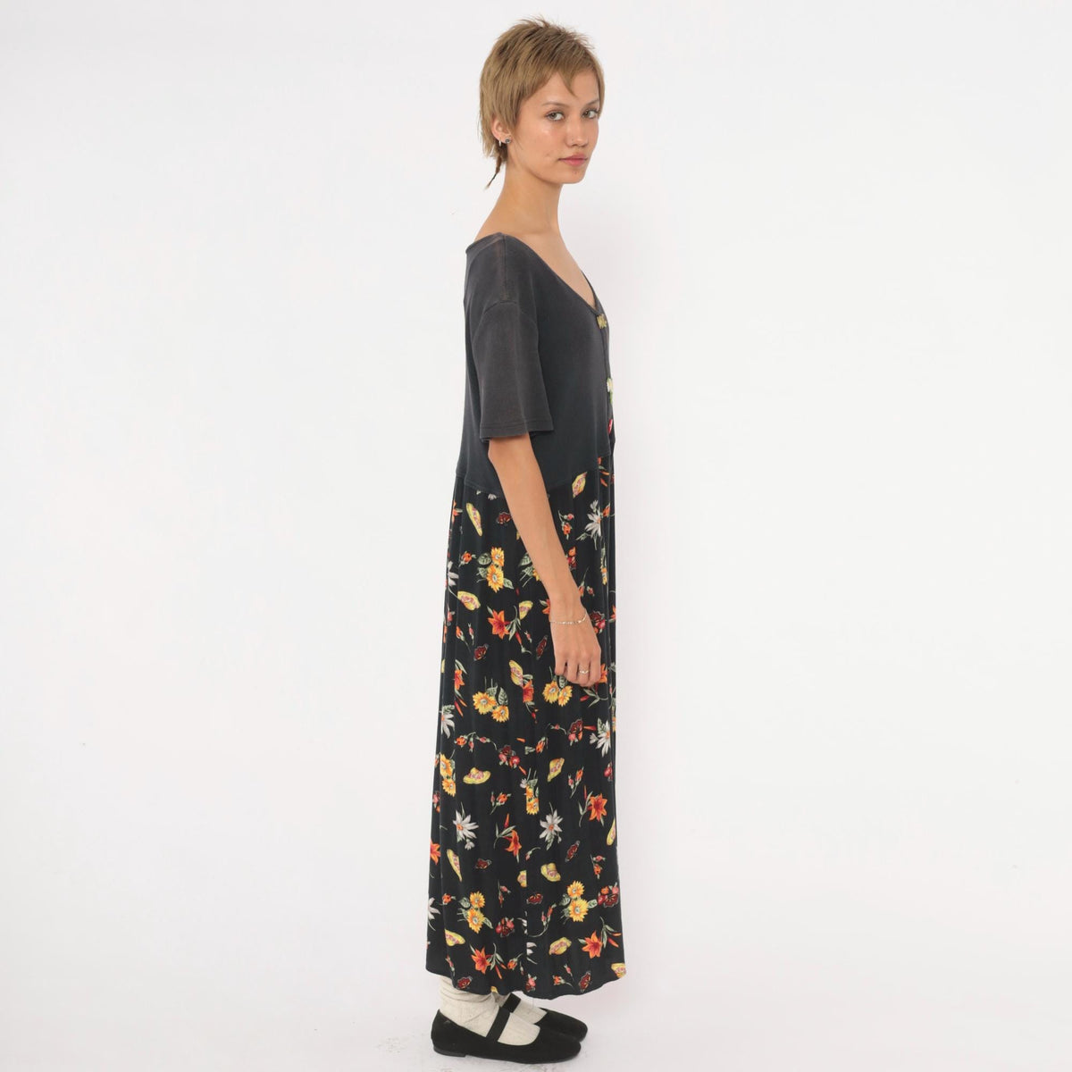 90s Petite Impressions Black Floral Midi Dress Ribbed Knit V Neck Large L