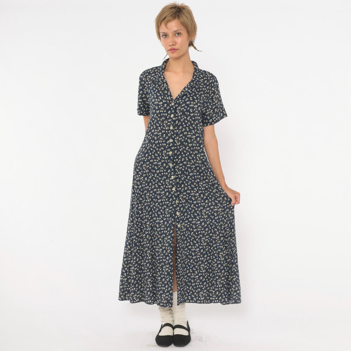 90s Chico's Design Navy Floral Midi Shirt Dress Pearl Buttons Medium M