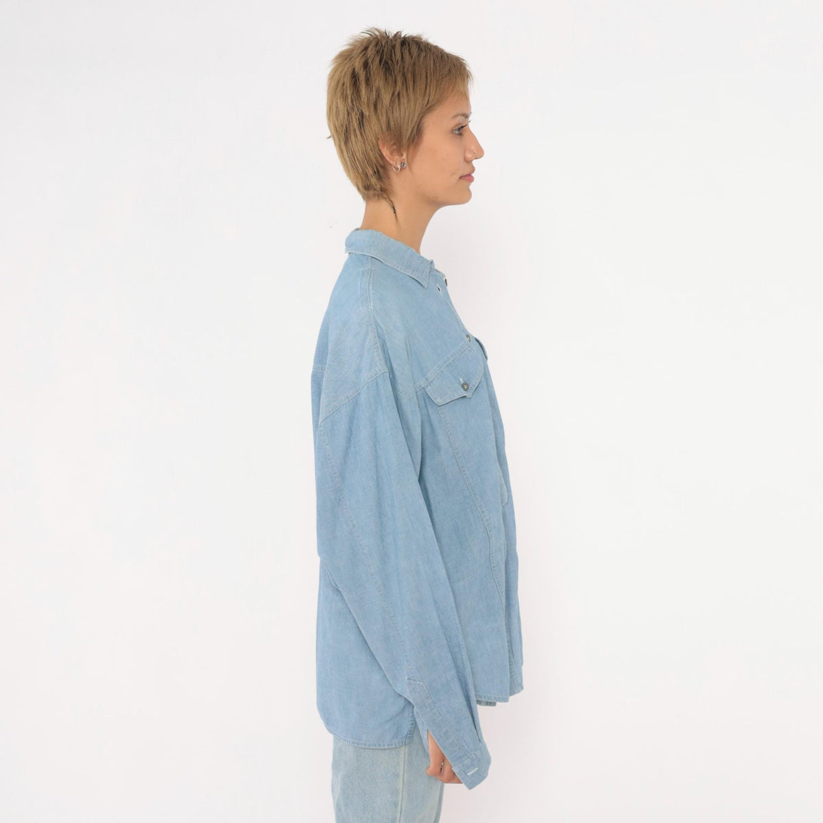 90s Chaussport Chambray Shirt Light Blue Cotton Button-Up Medium M