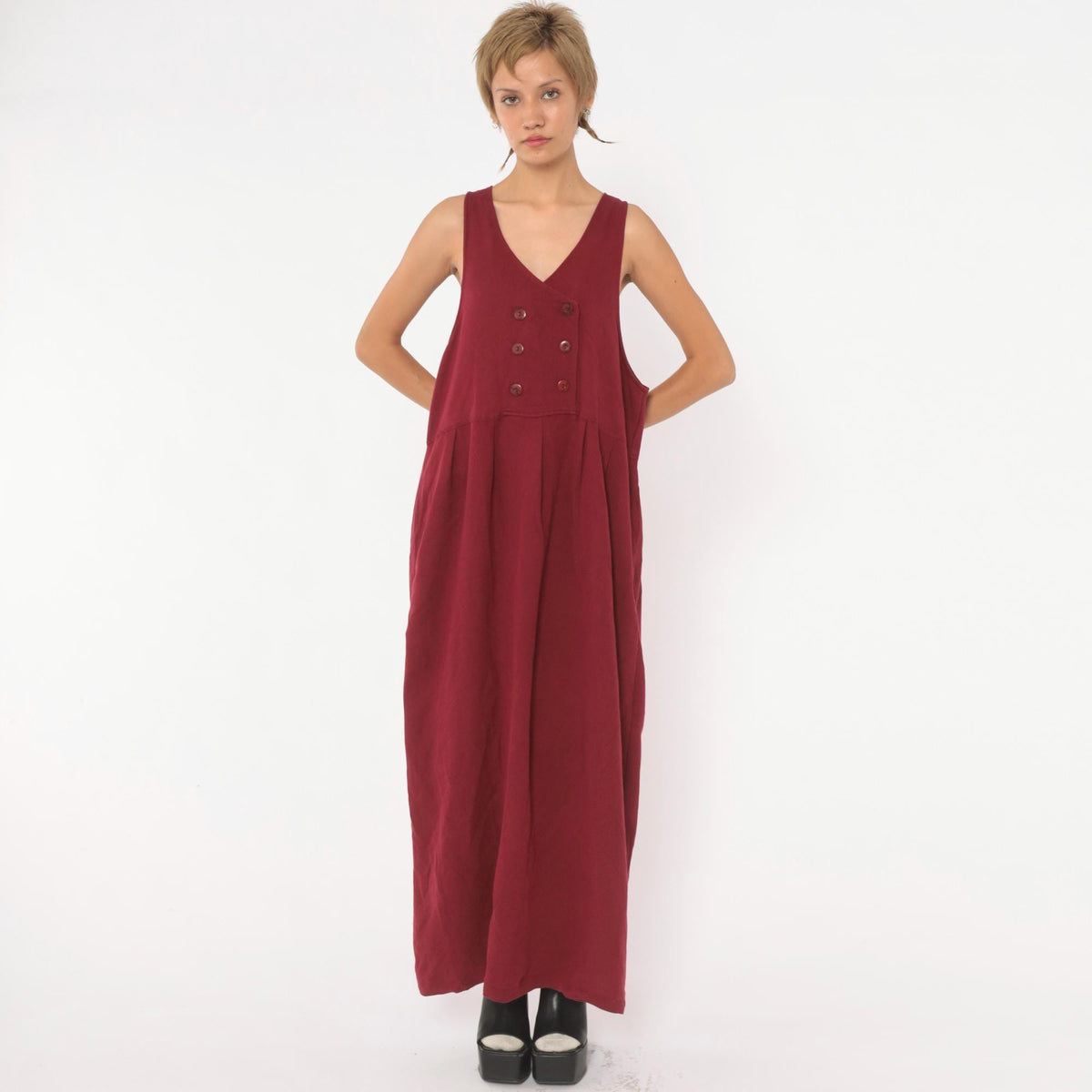 90s Burgundy Maxi Pinafore Dress V Neck Double Breasted Sleeveless Medium M