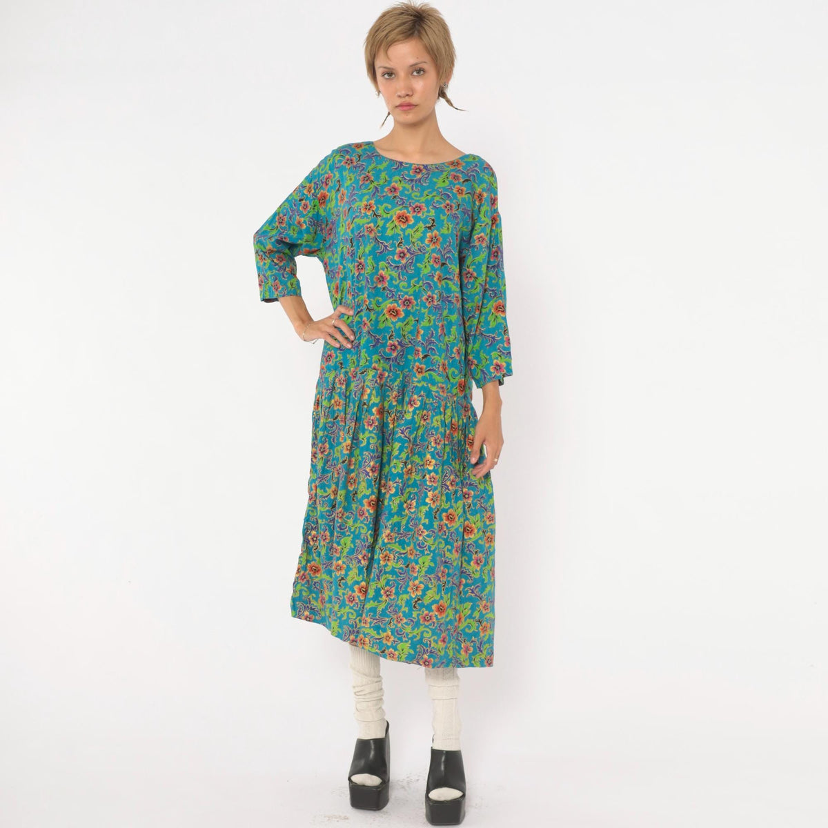 80s Passports Floral Midi Dress Teal Drop Waist Pockets Large L