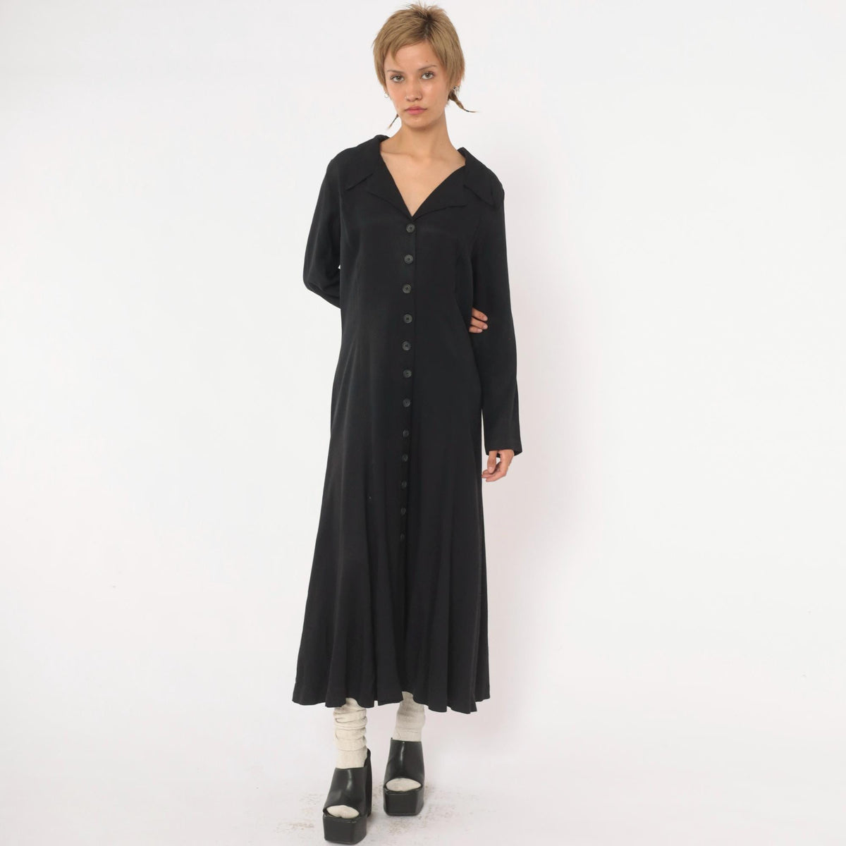 90s Cosmopolitan Black Midi Dress Collared V Neck Corset Lace Up Large L