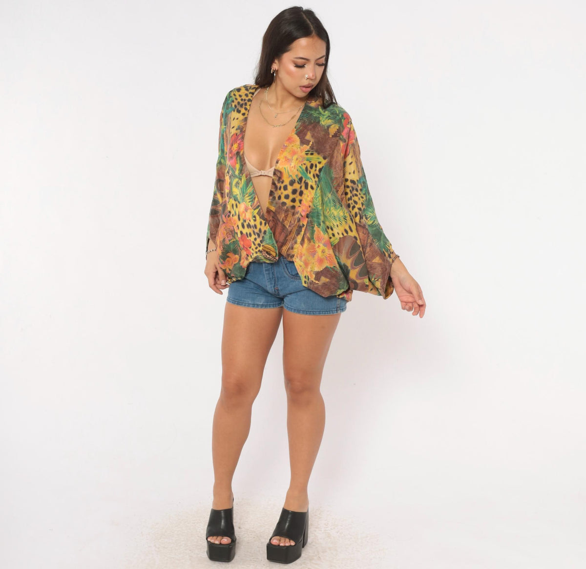 90s Silk Kimono Jacket Tropical Leopard Print Yellow Green Small