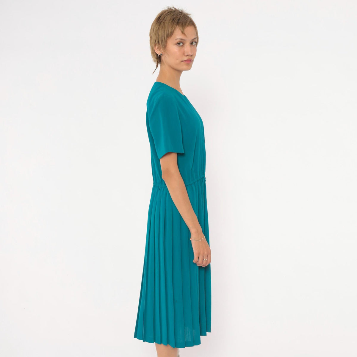 80s Leslie Fay Teal Pleated Midi Dress Shoulder Pads Accordion Skirt Small