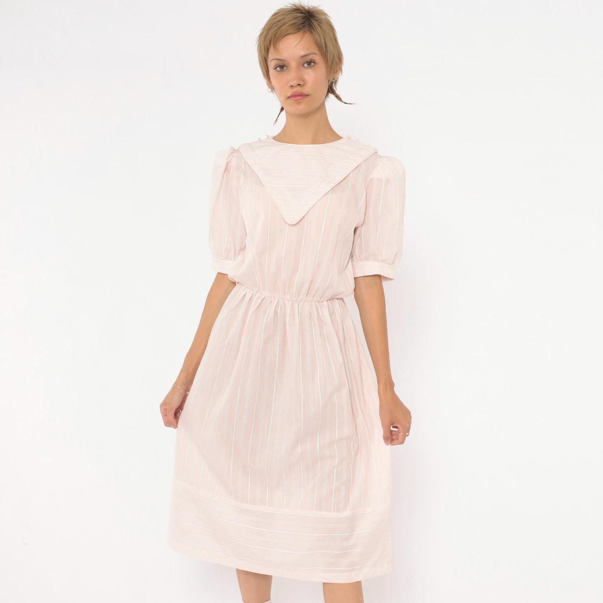 80s Pink Striped Midi Dress Puff Sleeve Sailor Collar Cotton Small