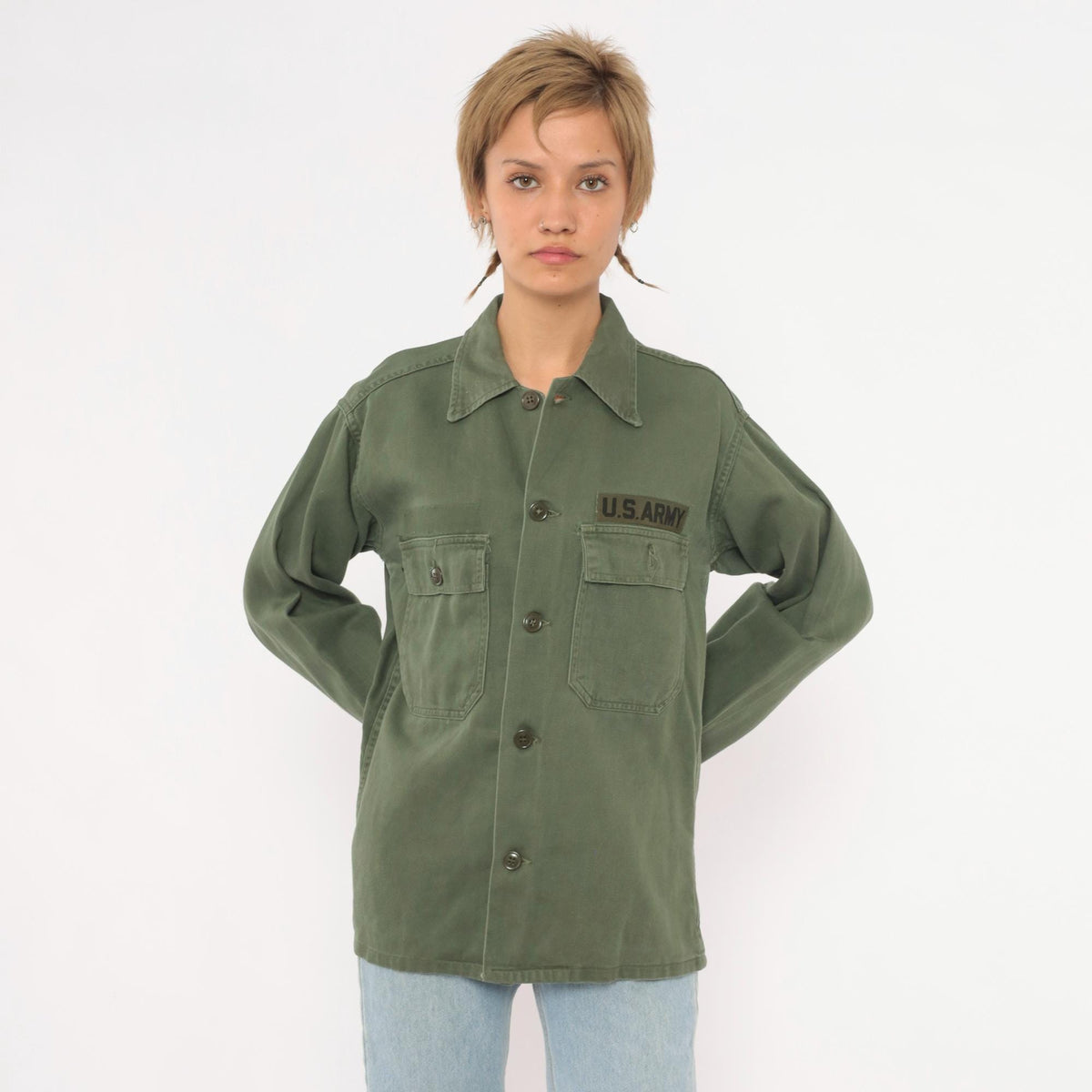 90s US Army Olive Green Button-Up Shirt Cotton Utility Field Top Small