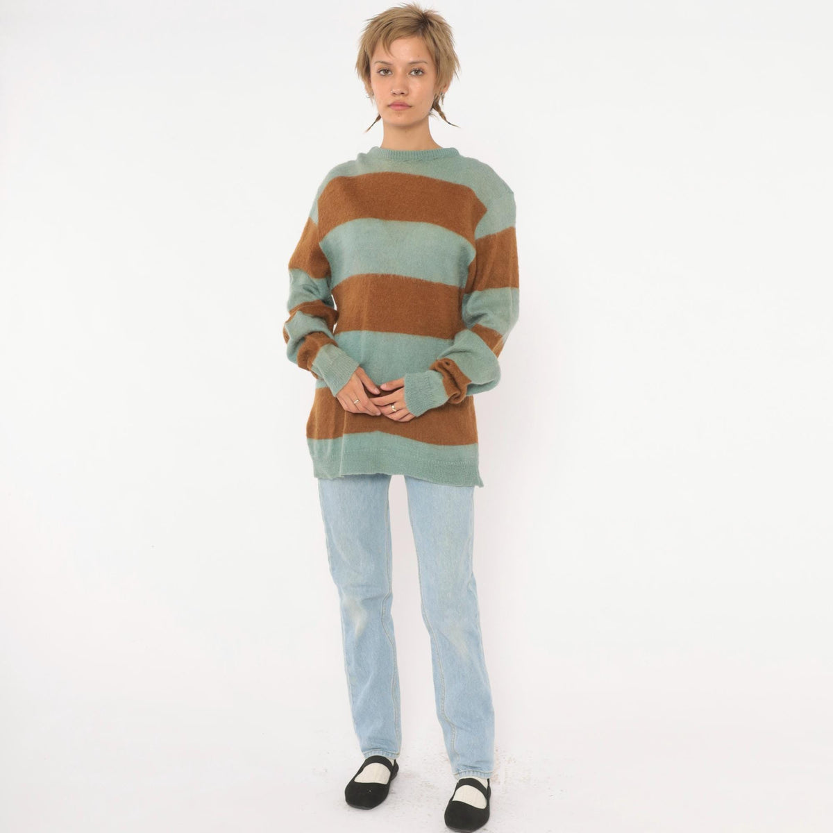 80s The Horses Mane Striped Mohair Wool Sweater Blue Brown Medium