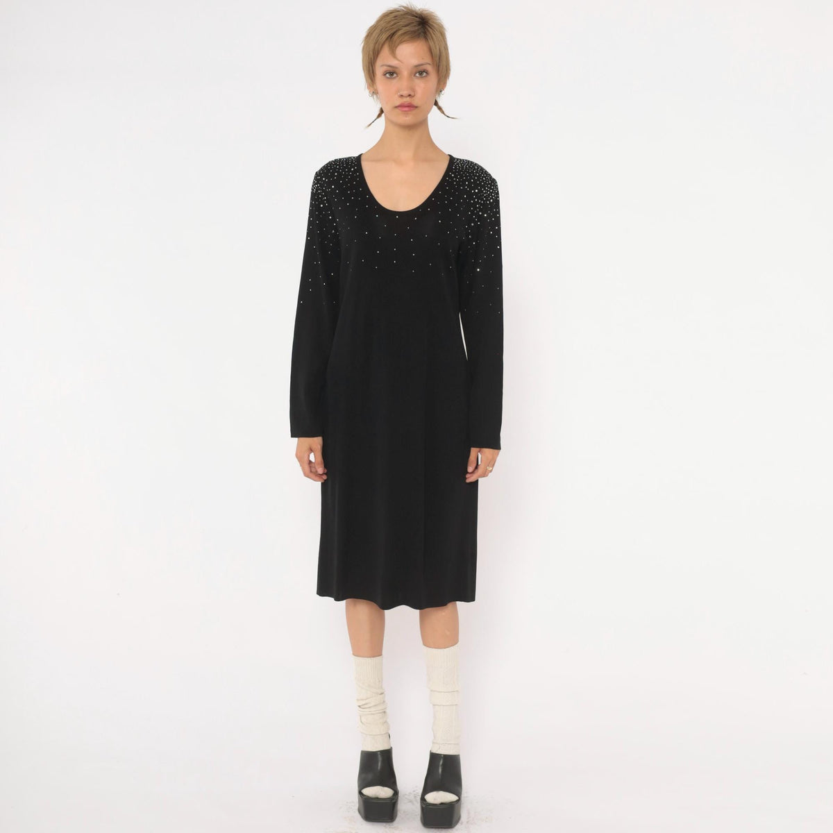 90s Misook Black Rhinestone Knit Dress Long Sleeve Shift Small S