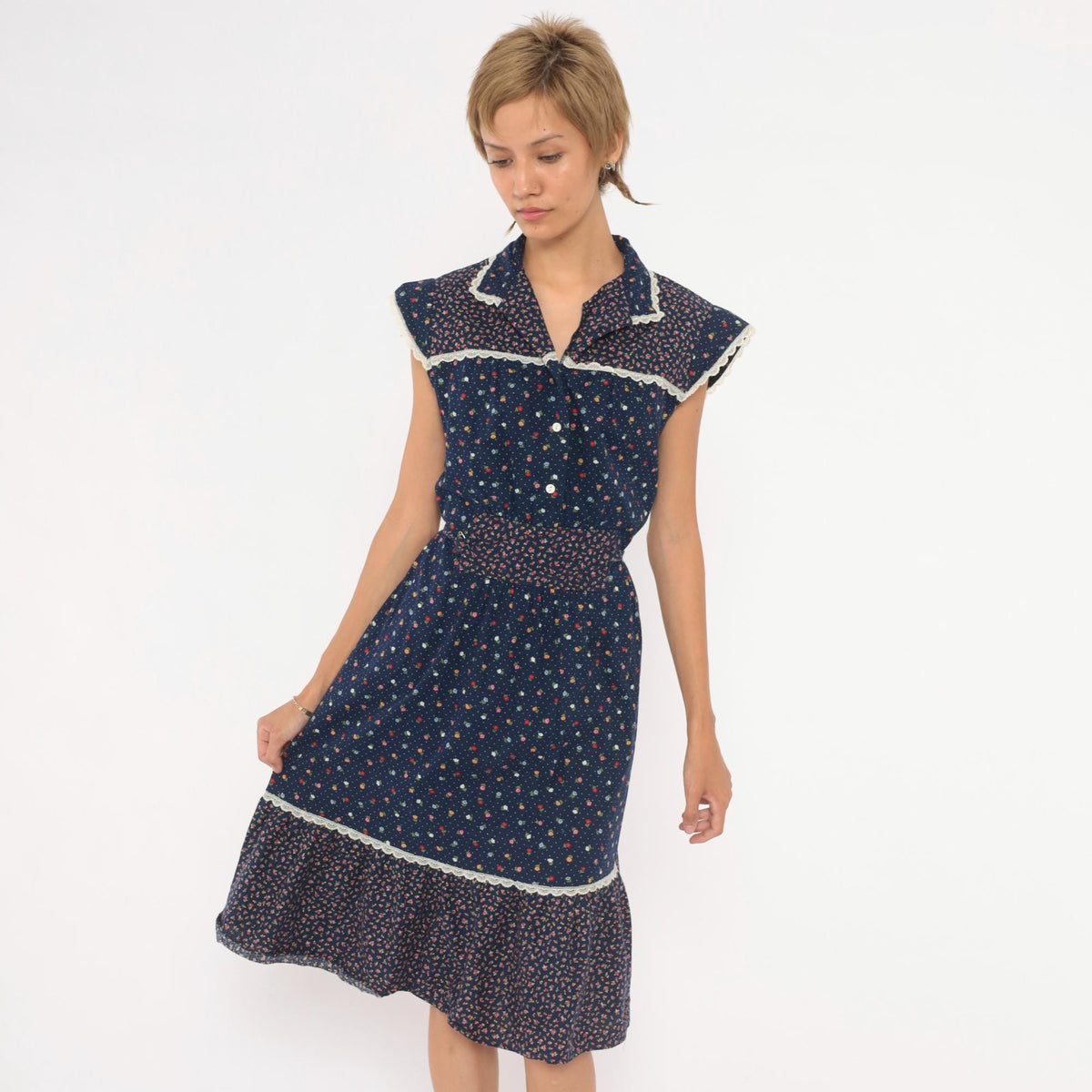 70s Navy Floral Calico Prairie Dress Cotton Cap Sleeve Button Front Small