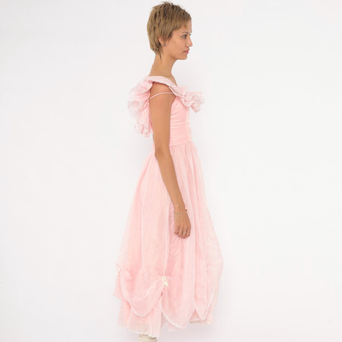 70s Pink Swiss Dot Midi Party Dress Ruffle Neckline Lace Trim XXS