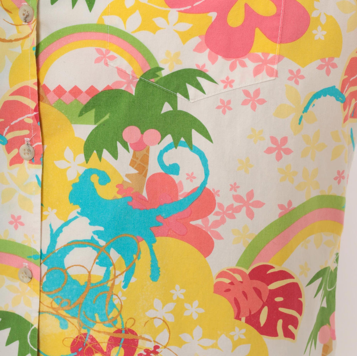 Y2K Barefoot Paradise Hawaiian Shirt White Cotton Camp Collar Tropical Print Extra Large XL
