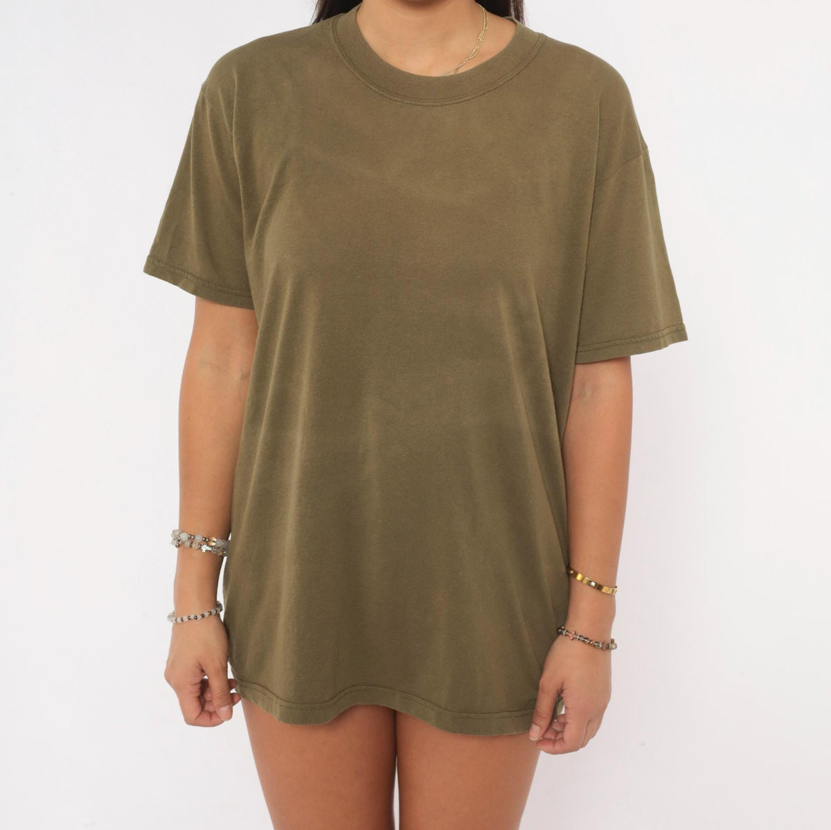 Y2K Duke Olive Green T-Shirt Boxy Crew Neck Plain Tee Medium M
