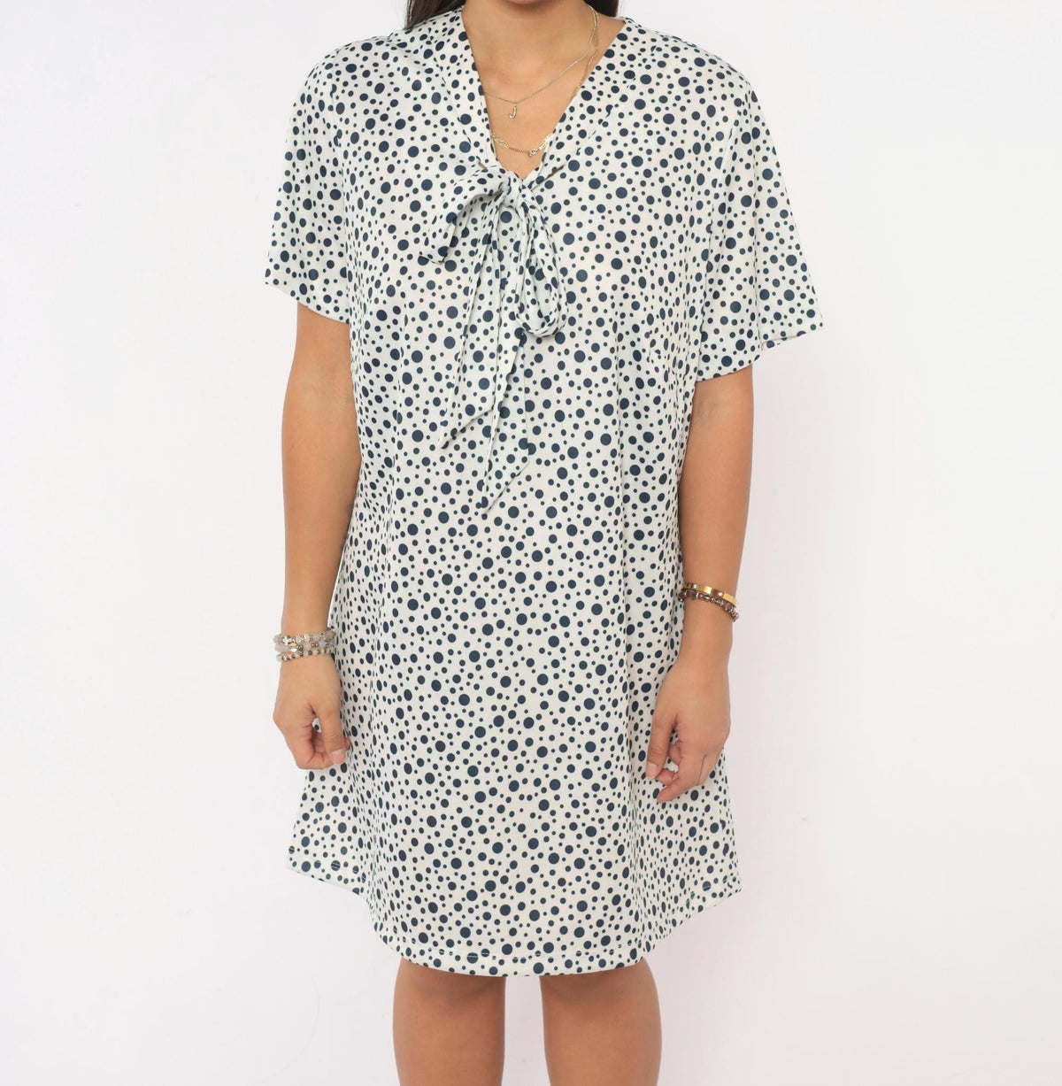 70s Lady Laura Navy White Polka Dot Shift Dress Tie Front Knee Length Extra Large