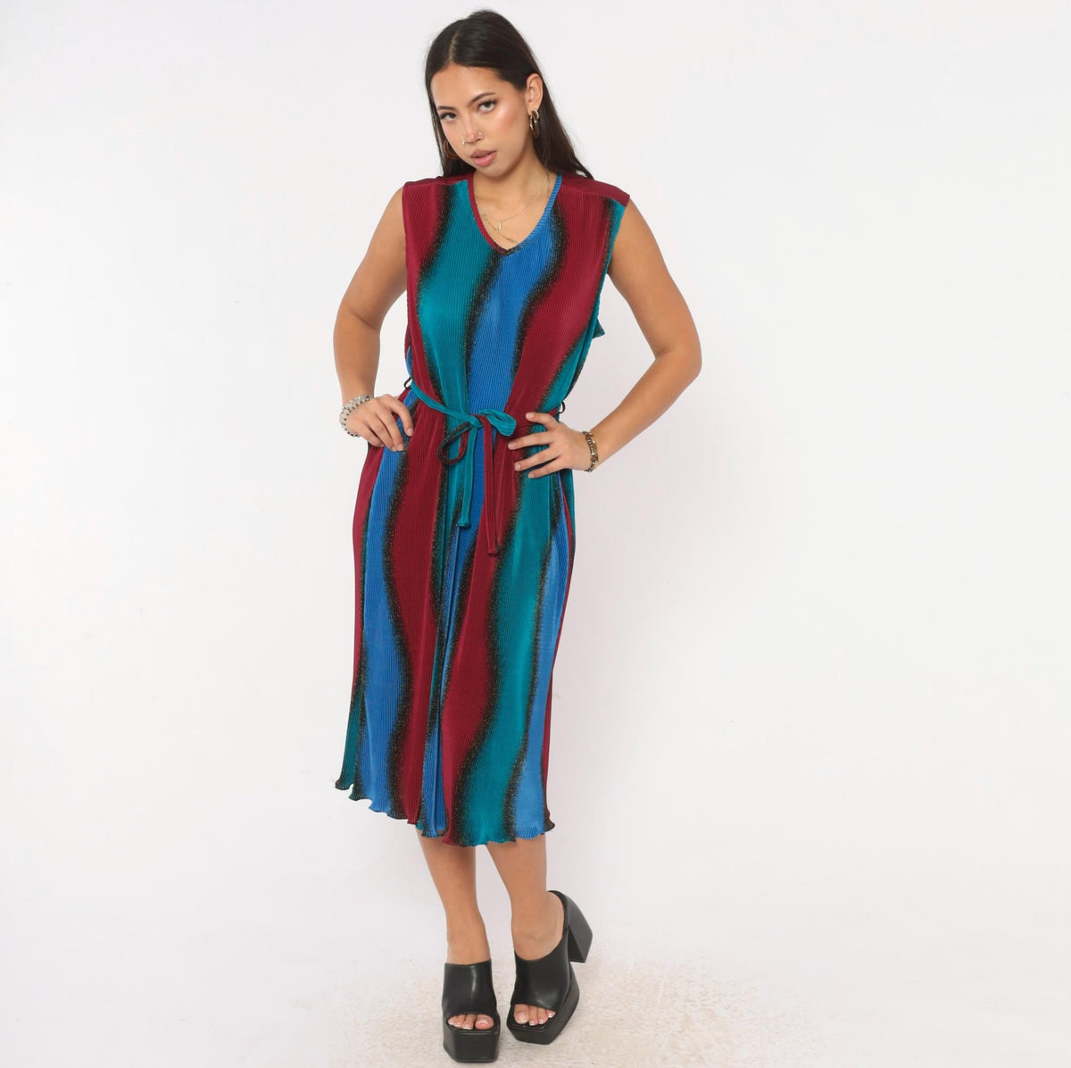 90s Plisse Pleated Ombre Dress Cobalt Blue Burgundy Sleeveless Large