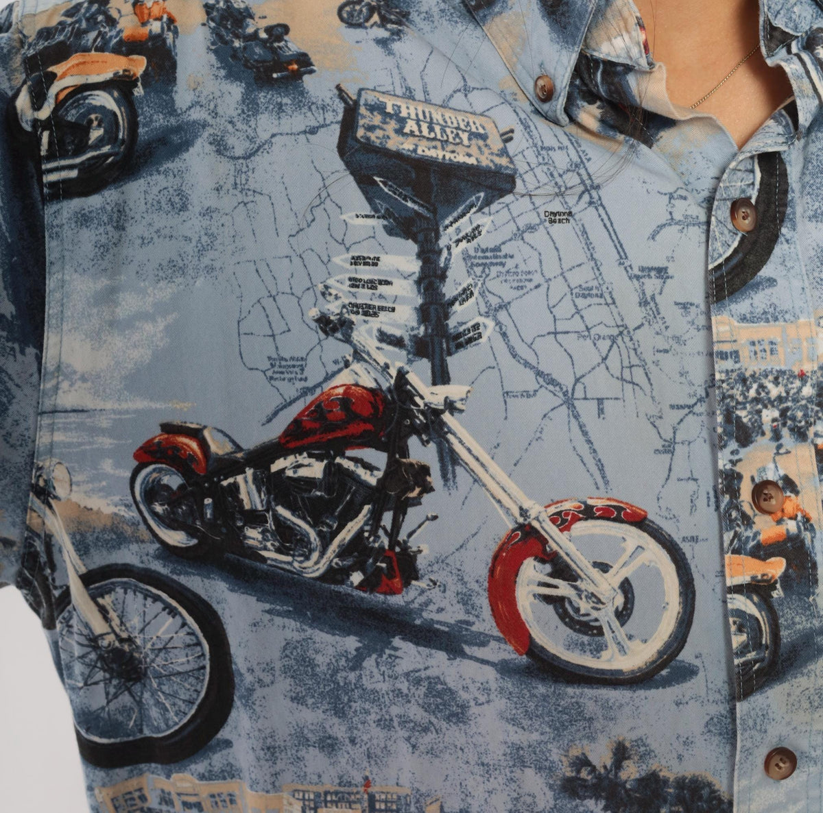 Y2K Redhead Motorcycle Print Button-Up Shirt Blue Cotton Medium