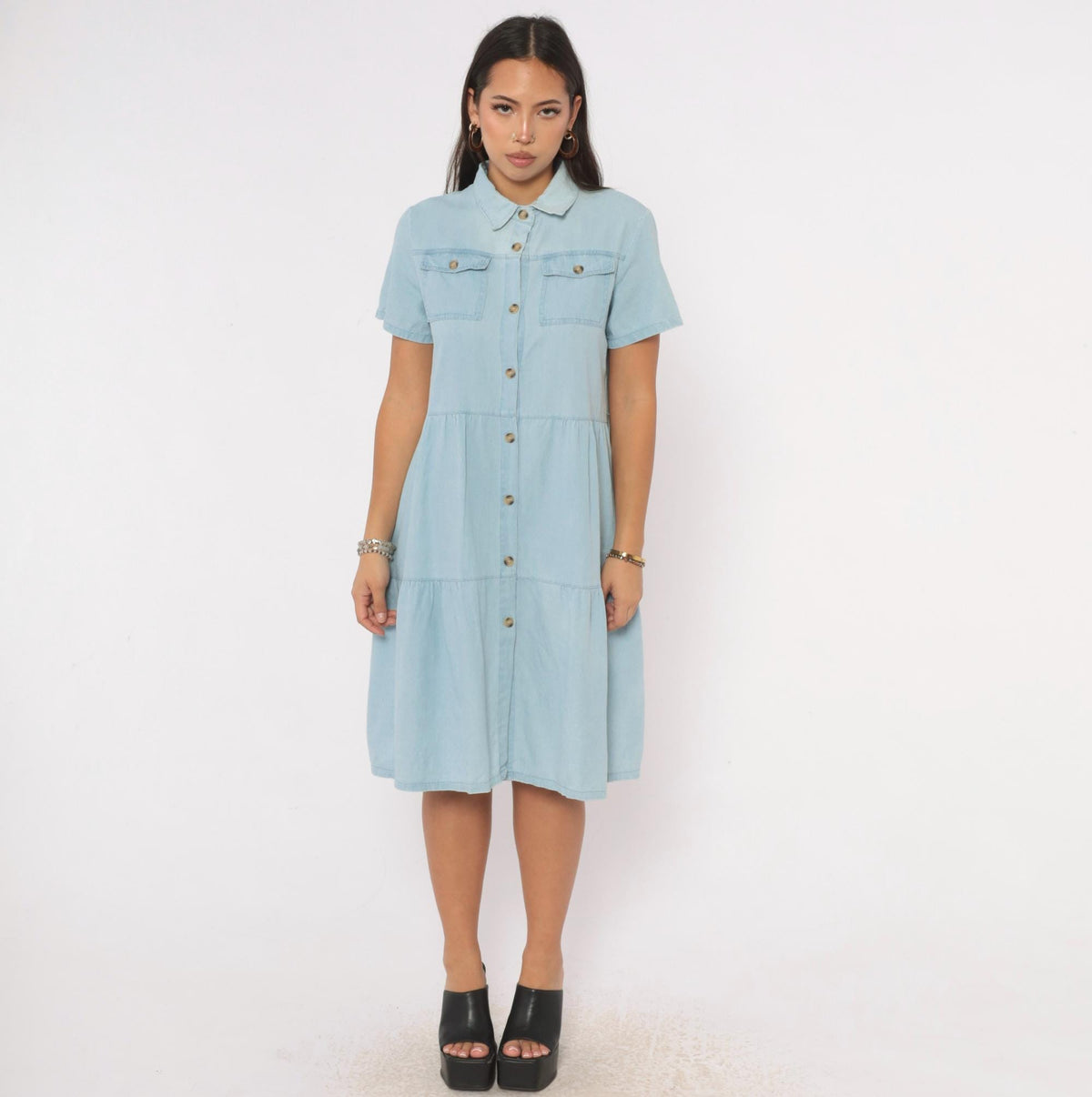 90s Light Blue Chambray Denim Shirt Dress Tiered Knee-Length Cotton Small S