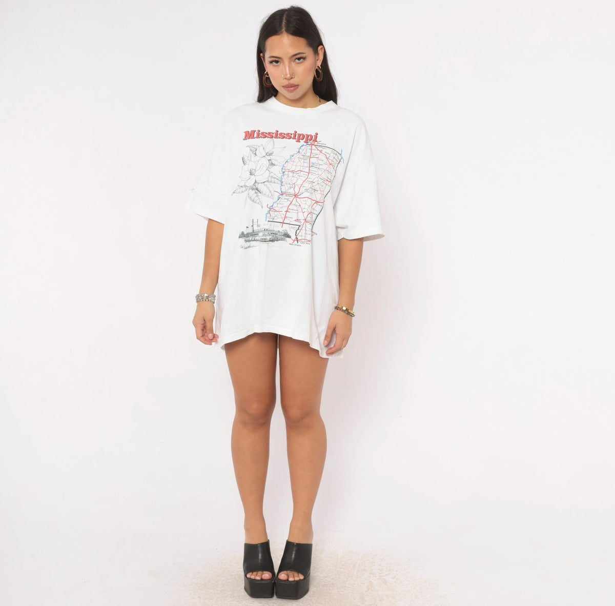 90s Mississippi State Map Souvenir Tee White Graphic Cotton XL