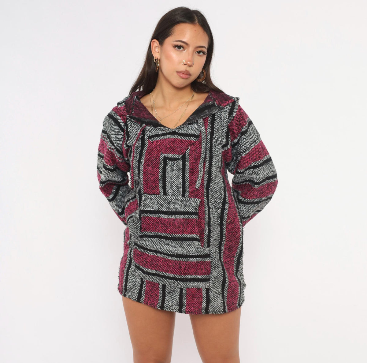 90s Baja Hoodie Pink Black Grey Striped Woven Pullover Large L