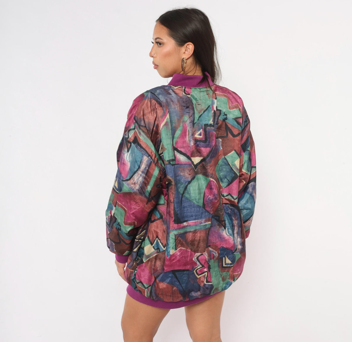 80s Abstract Reversible Bomber Jacket Purple Green Geometric Snap Front Medium